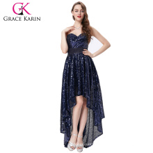 Grace Karin Neue trägerlose Schatz Navy Blue kurze vorne lange Rücken Prom Kleid mit glänzenden Sequins CL6240